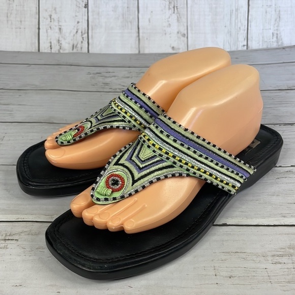 Viintage Beaded Embroidered Thong Square Toe Leather Sandal - Picture 2 of 14